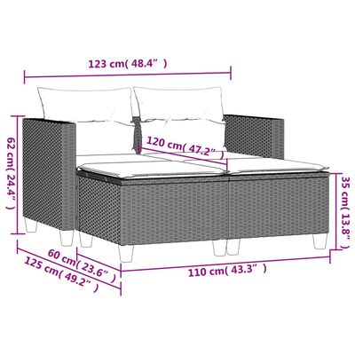 vidaXL Gartensofa 2-Sitzer mit Hockern Grau Poly Rattan