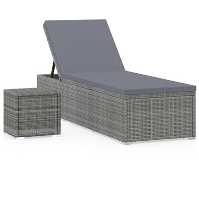 vidaXL Sonnenliege mit Auflage und Teetisch Poly Rattan Grau