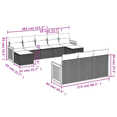 vidaXL 10-tlg. Garten-Sofagarnitur mit Kissen Schwarz Poly Rattan