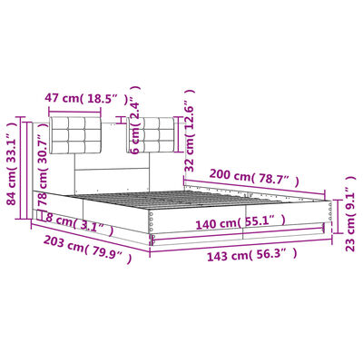 vidaXL Bettgestell mit Kopfteil und LED-Leuchten Grau Sonoma 140x200cm