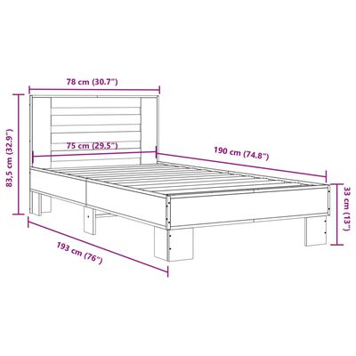 vidaXL Bettgestell Braun Eichen-Optik 75x190 cm Holzwerkstoff Metall