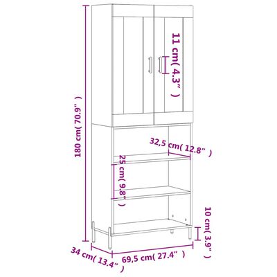 vidaXL Highboard Betongrau 69,5x34x180 cm Holzwerkstoff