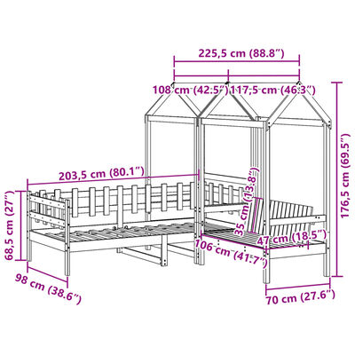 vidaXL Tagesbett und Bank mit Dach 90x200 cm Kiefernholz