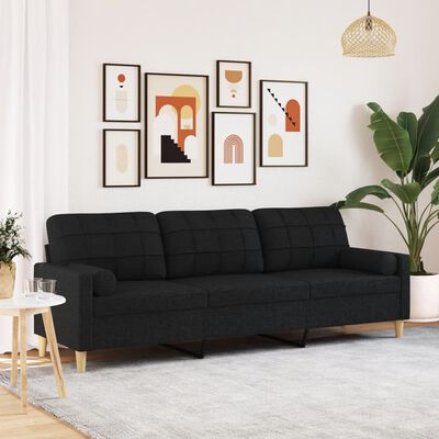 vidaXL Sofa 3-Sitzer mit Zierkissen Schwarz 210 cm Stoff