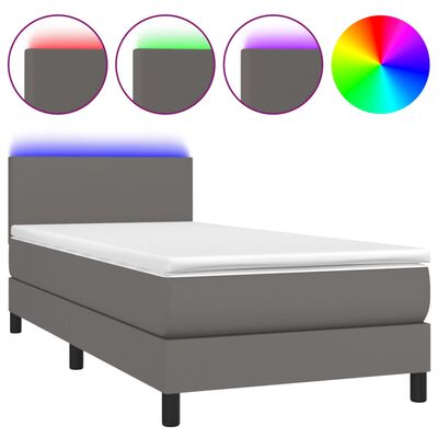 vidaXL Boxspringbett mit Matratze & LED Grau 90x200 cm Kunstleder