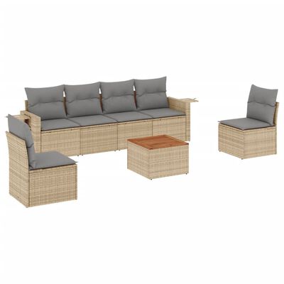 vidaXL 7-tlg. Garten-Sofagarnitur mit Kissen Beige Poly Rattan