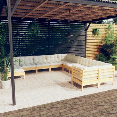 vidaXL 11-tlg. Garten-Lounge-Set mit Creme Kissen Kiefernholz