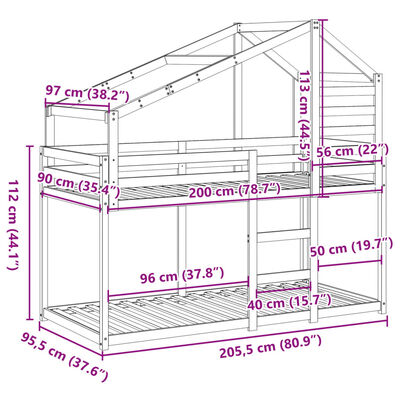 vidaXL Etagenbett mit Dach Wachsbraun 90x200 cm Massivholz Kiefer