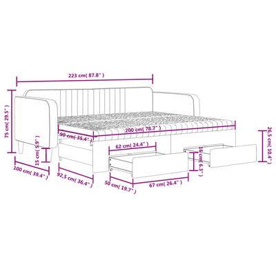 vidaXL Tagesbett Ausziehbar mit Schubladen Hellgrau 90x200 cm Samt