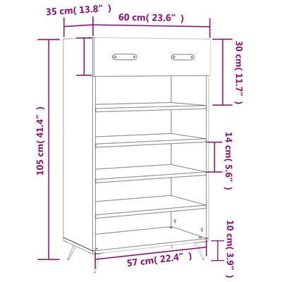 vidaXL Schuhschrank Sonoma-Eiche 60x35x105 cm Holzwerkstoff