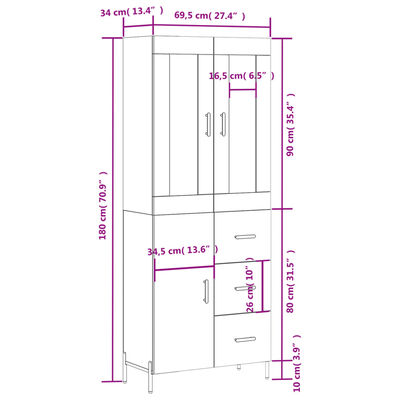 vidaXL Highboard Braun Eichen-Optik 69,5x34x180 cm Holzwerkstoff