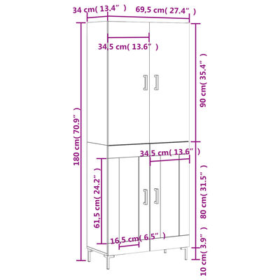 vidaXL Highboard Betongrau 69,5x34x180 cm Holzwerkstoff