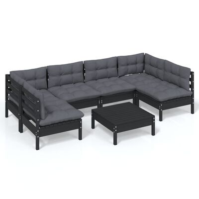 vidaXL 7-tlg. Garten-Lounge-Set mit Kissen Schwarz Kiefer Massivholz