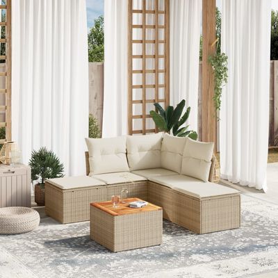 vidaXL 6-tlg. Garten-Sofagarnitur mit Kissen Beige Poly Rattan