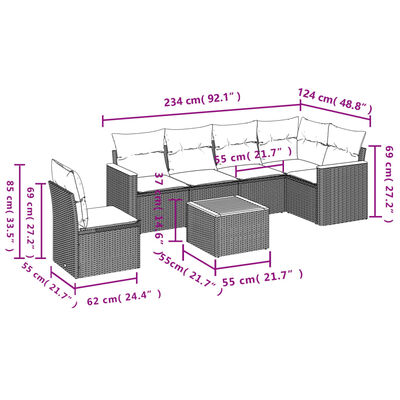 vidaXL 7-tlg. Garten-Sofagarnitur mit Kissen Beige Poly Rattan