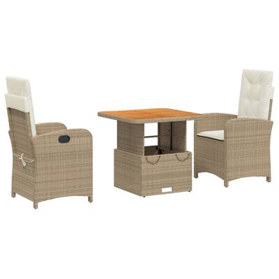 vidaXL 3-tlg. Garten-Essgruppe mit Kissen Beige Poly Rattan