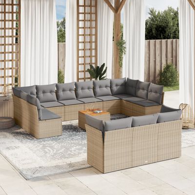 vidaXL 14-tlg. Garten-Sofagarnitur mit Kissen Beige Poly Rattan