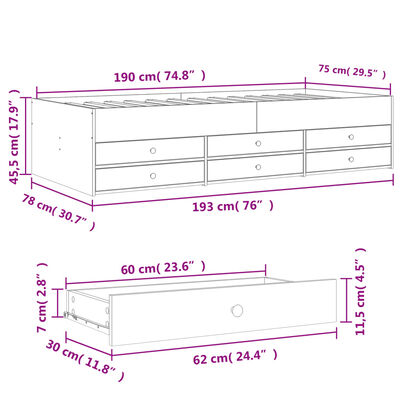 vidaXL Tagesbett mit Schubladen ohne Matratze Räuchereiche 75x190 cm