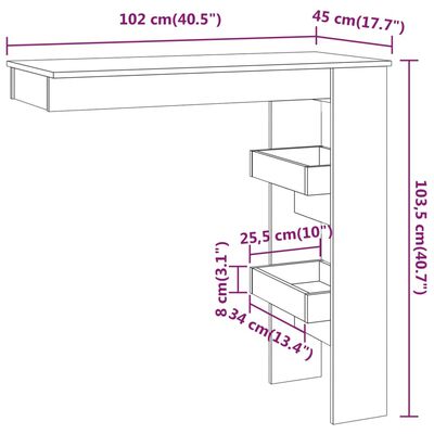 vidaXL Wand-Bartisch Hochglanz-Weiß 102x45x103,5 cm Holzwerkstoff