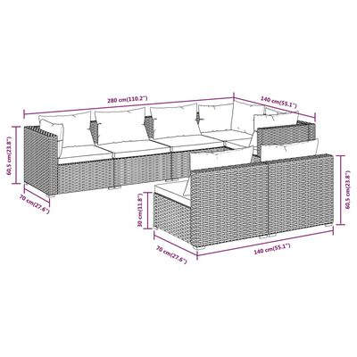 vidaXL 7-tlg. Garten-Lounge-Set mit Kissen Braun Poly Rattan