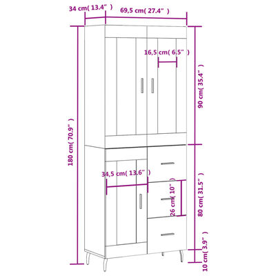 vidaXL Highboard Braun Eichen-Optik 69,5x34x180 cm Holzwerkstoff