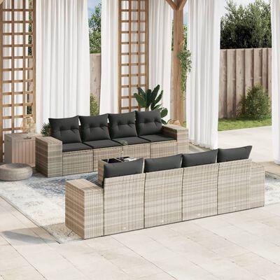 vidaXL 9-tlg. Garten-Sofagarnitur mit Kissen Hellgrau Poly Rattan