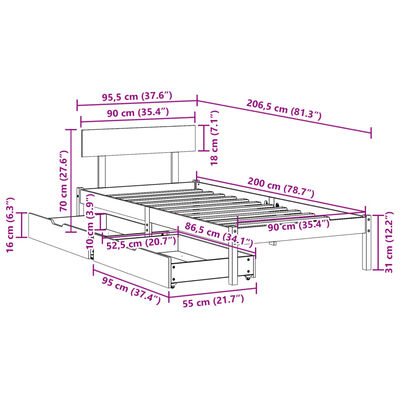 vidaXL Massivholzbett ohne Matratze Weiß 90x200 cm Kiefernholz