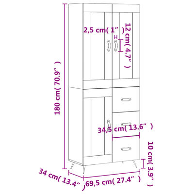 vidaXL Highboard Schwarz 69,5x34x180 cm Holzwerkstoff