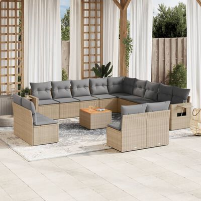 vidaXL 14-tlg. Garten-Sofagarnitur mit Kissen Beige Poly Rattan