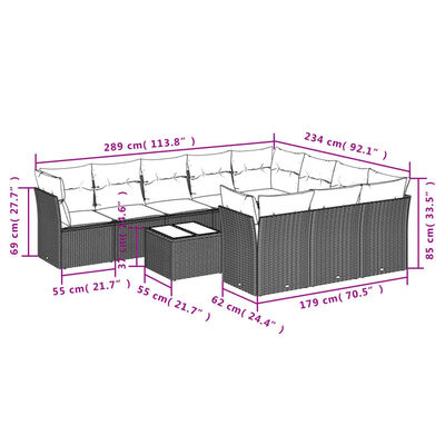 vidaXL 11-tlg. Garten-Sofagarnitur mit Kissen Schwarz Poly Rattan