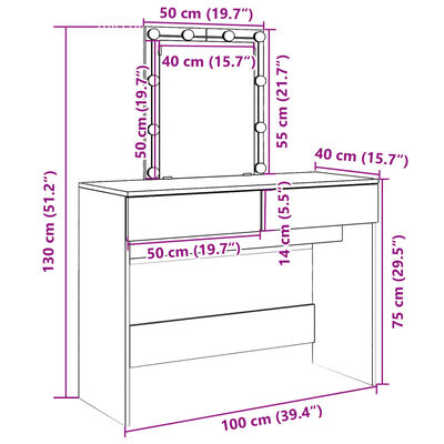 vidaXL Schminktisch mit LED-Beleuchtung Räuchereiche 100x40x130 cm