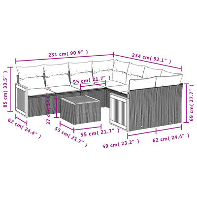 vidaXL 9-tlg. Garten-Sofagarnitur mit Kissen Beige Poly Rattan