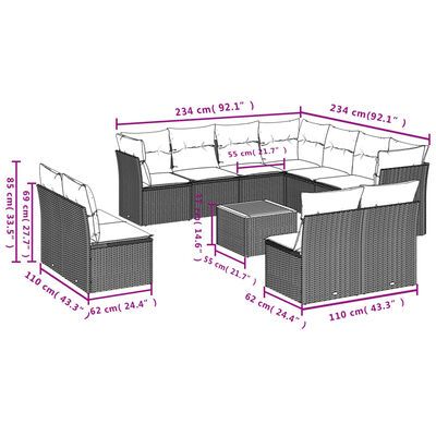 vidaXL 12-tlg. Garten-Sofagarnitur mit Kissen Schwarz Poly Rattan