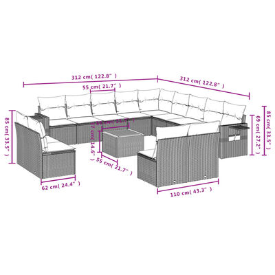 vidaXL 14-tlg. Garten-Sofagarnitur mit Kissen Grau Poly Rattan