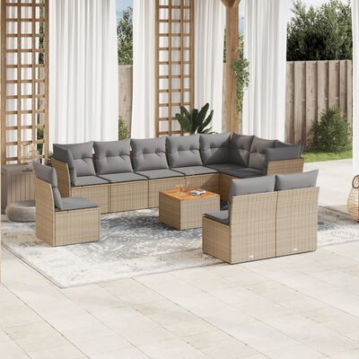 vidaXL 11-tlg. Garten-Sofagarnitur mit Kissen Beige Poly Rattan