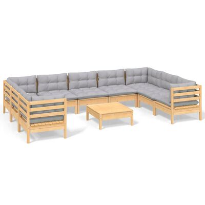 vidaXL 10-tlg. Garten-Lounge-Set mit Grauen Kissen Kiefernholz