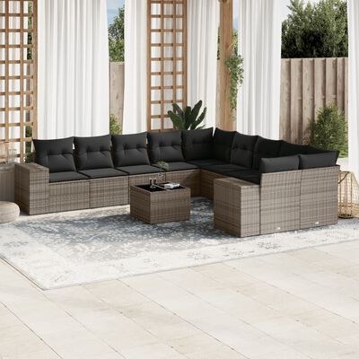 vidaXL 11-tlg. Garten-Sofagarnitur mit Kissen Grau Poly Rattan