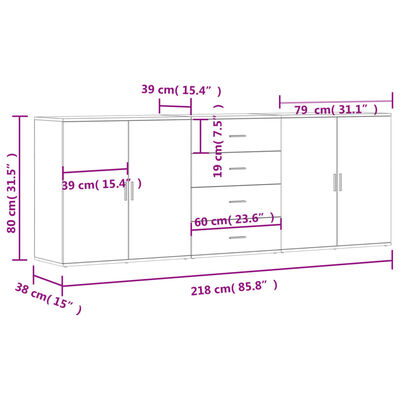 vidaXL Sideboards 3 Stk. Braun Eichen-Optik Holzwerkstoff