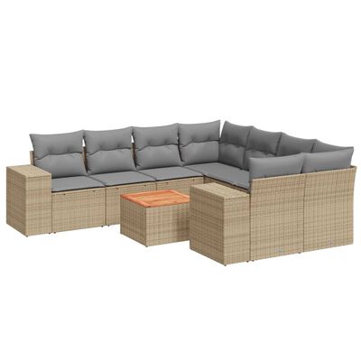 vidaXL 9-tlg. Garten-Sofagarnitur mit Kissen Beige Poly Rattan