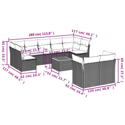 vidaXL 10-tlg. Garten-Sofagarnitur mit Kissen Schwarz Poly Rattan