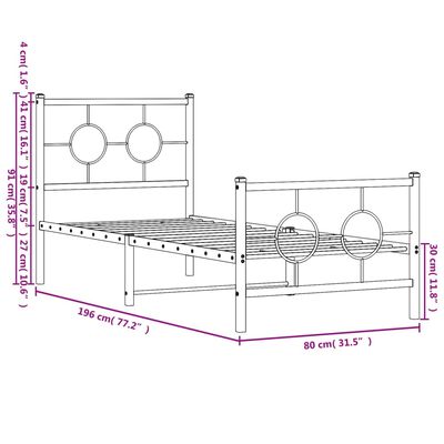 vidaXL Bettgestell mit Kopf- und Fußteil Metall Schwarz 75x190 cm