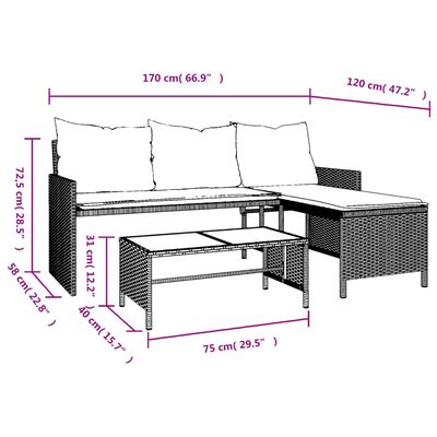 vidaXL Gartensofa in L-Form mit Tisch und Kissen Braun Poly Rattan