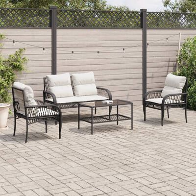 vidaXL 4-tlg. Garten-Sofagarnitur mit Kissen Schwarz Poly Rattan