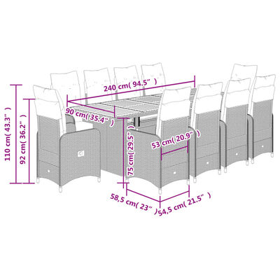 vidaXL 11-tlg. Garten-Bistro-Set mit Kissen Grau Poly Rattan