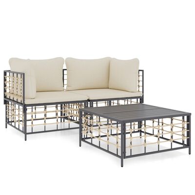 vidaXL 3-tlg. Garten-Lounge-Set mit Kissen Anthrazit Poly Rattan