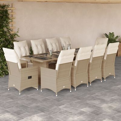 vidaXL 11-tlg. Garten-Bistro-Set mit Kissen Beige Poly Rattan