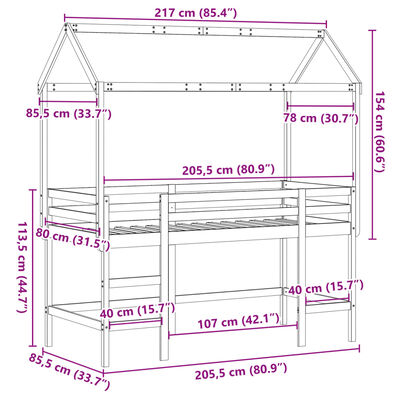 vidaXL Hochbett mit Leiter und Dach 80x200 cm Massivholz Kiefer