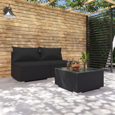 vidaXL 3-tlg. Garten-Lounge-Set mit Kissen Poly Rattan Schwarz