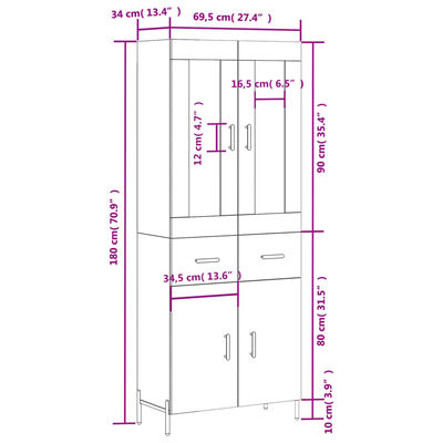 vidaXL Highboard Räuchereiche 69,5x34x180 cm Holzwerkstoff