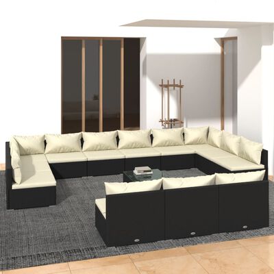 vidaXL 13-tlg. Garten-Lounge-Set mit Kissen Schwarz Poly Rattan